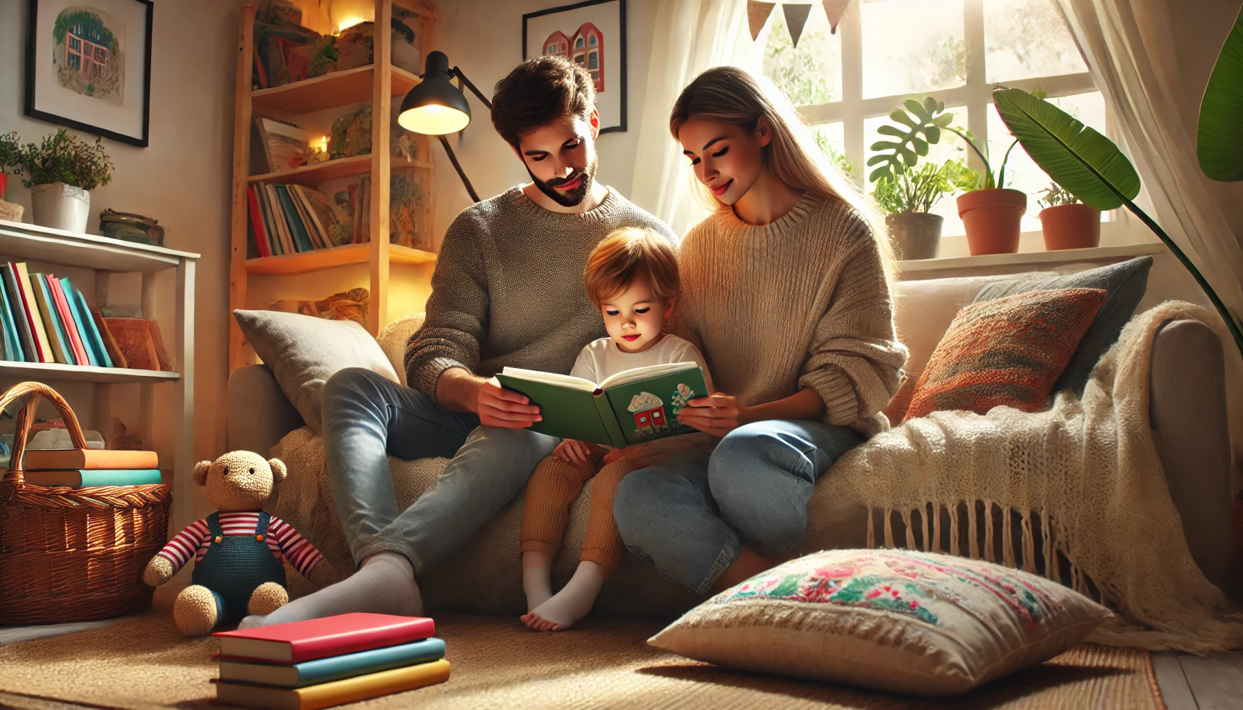 Genitori e bambino che leggono un libro insieme su un divano, in un ambiente accogliente e luminoso.