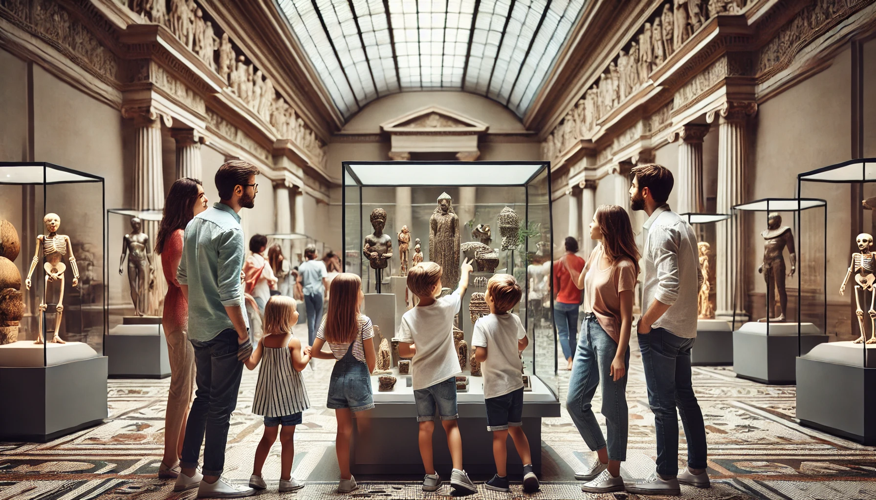 Famiglia con bambini che osservano reperti storici in un museo, con esposizioni e ambientazione educativa