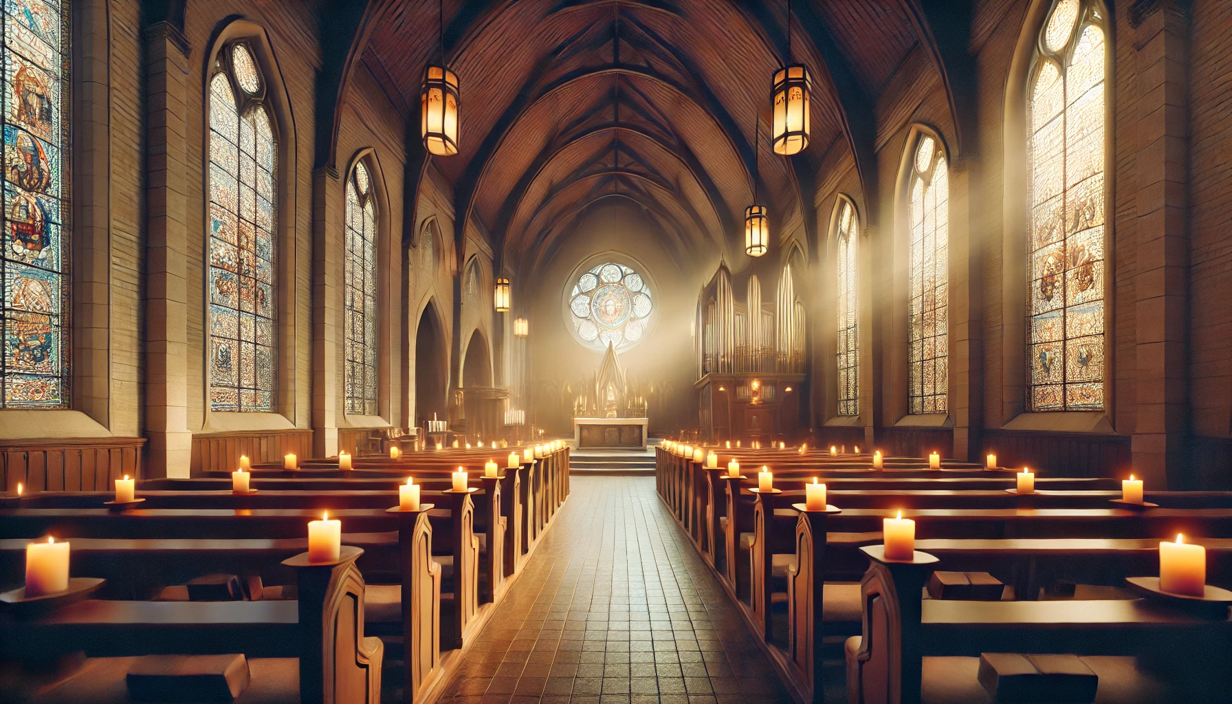 Interno di una chiesa con finestre colorate e candele accese, che crea un'atmosfera di calma spirituale e riflessione