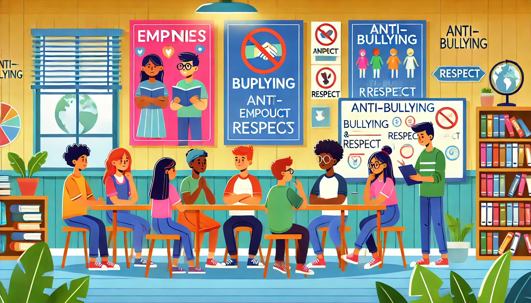 Studenti in una classe discutono di empatia e gentilezza, con poster anti-bullismo alle pareti.