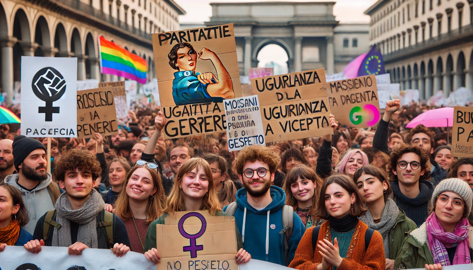 Persone di diverse etnie manifestano pacificamente per l'uguaglianza di genere.