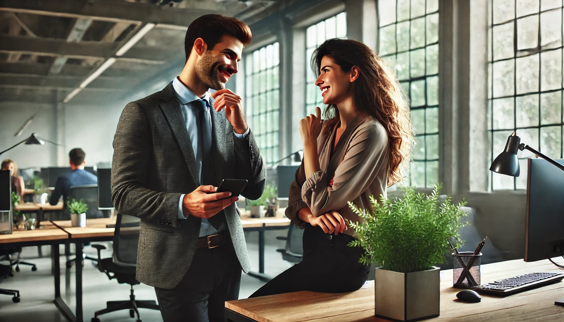 Uomo e donna collaborano in ufficio con rispetto e armonia.