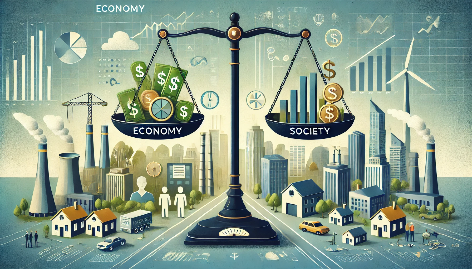 Illustrazione concettuale dell'economia e della società con una bilancia che rappresenta l'equilibrio tra risorse economiche e benessere sociale.